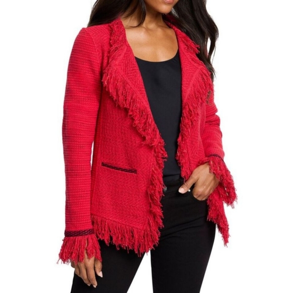 Nic +Zoe Amaryllis Red Black Fringe Frayed OPEN Jacket Tweed NEW L $218 - Picture 1 of 5